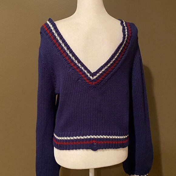 Lovers + Friends Navy Cropped Sweater Size Large V Neck - Picture 4 of 11